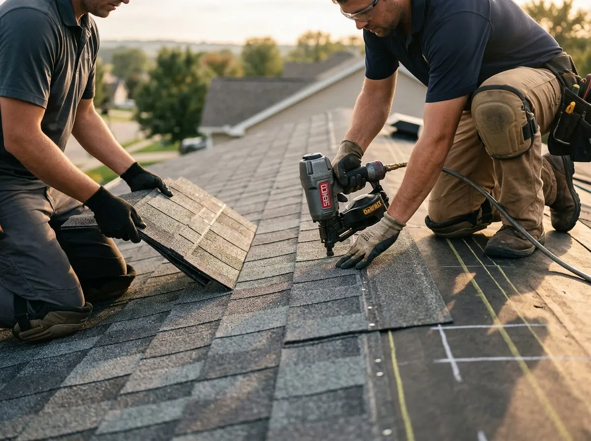 Professional roofer working on a residential roof in Lenexa
